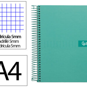 Cuaderno espiral liderpapel a4 micro crafty tapa forrada 120h 90gr cuadro 5mm 5 bandas 4 taladros color turquesa