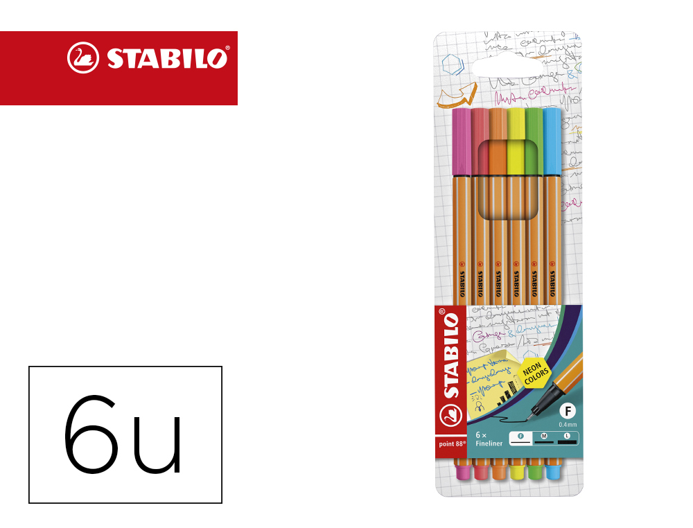 Rotulador stabilo punta de fibra point 88 blister 6 colores surtidos neon