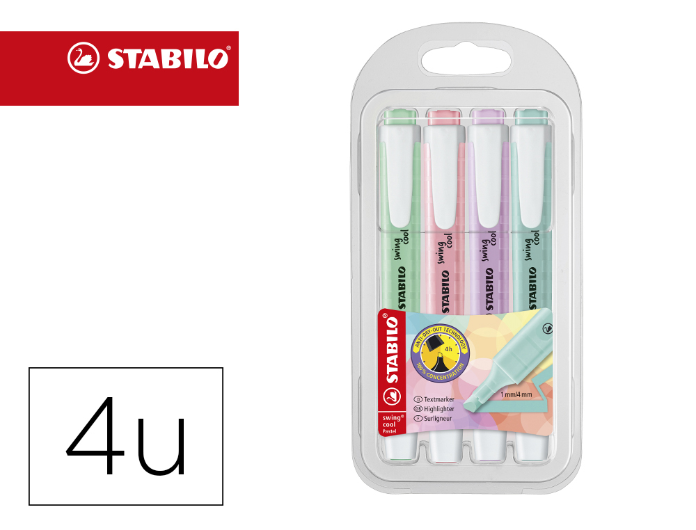 Rotulador stabilo fluorescente swing cool color pastel bolsa de 4 unidades colores surtidos