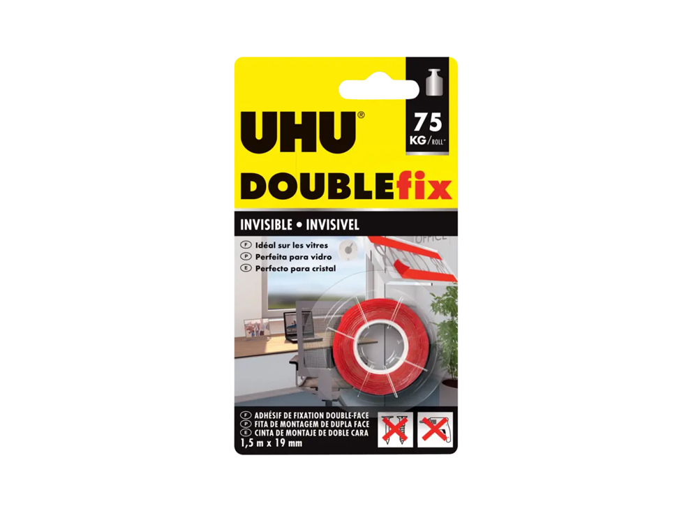 Cinta adhesiva uhu doublefix invisible doble cara extra fuerte 1,5 m x 19 mm