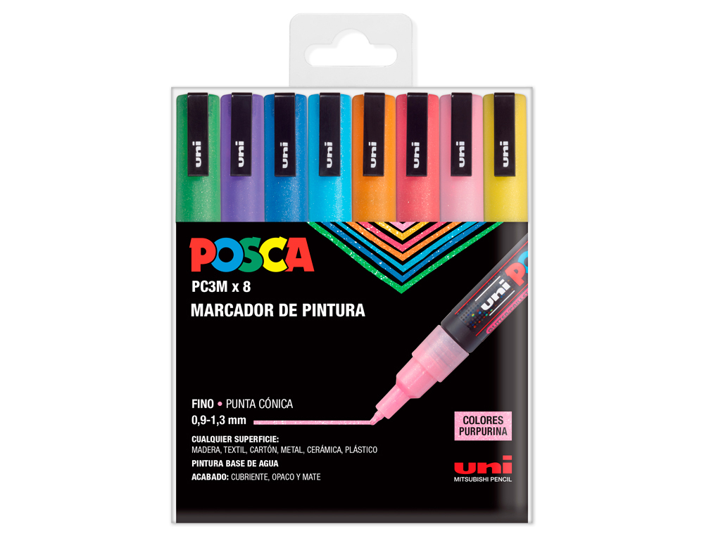 Rotulador uni posca pc-3m/8c marcador de pintura punta conica 0,9-1,3 mm estuche de 8 unidades colores purpurina
