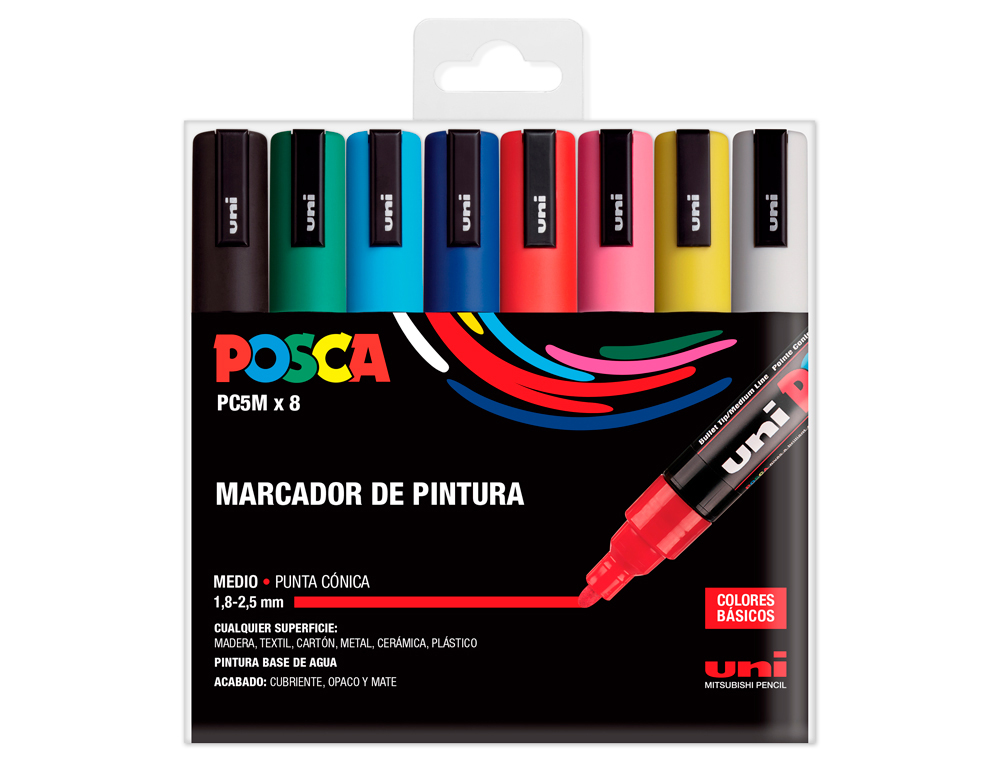 Rotulador uni posca pc-5m/8c marcador de pintura punta conica 1,8-2,5 mm estuche de 8 unidades colores basicos