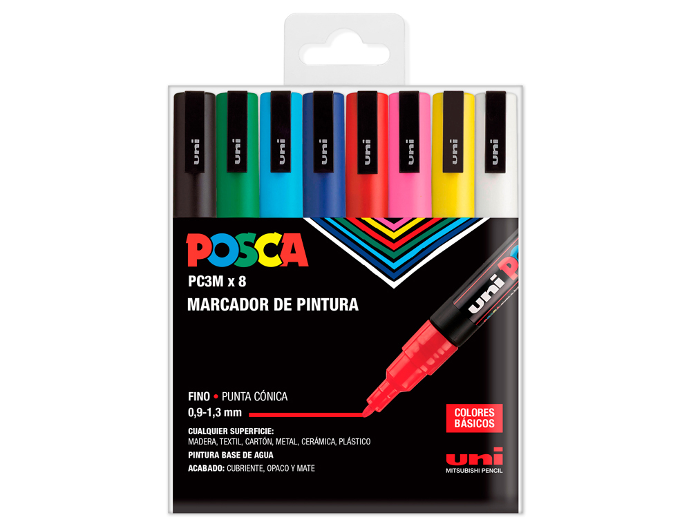 Rotulador uni posca pc-3m/8c marcador de pintura punta conica 0,9-1,3 mm estuche de 8 unidades colores basicos