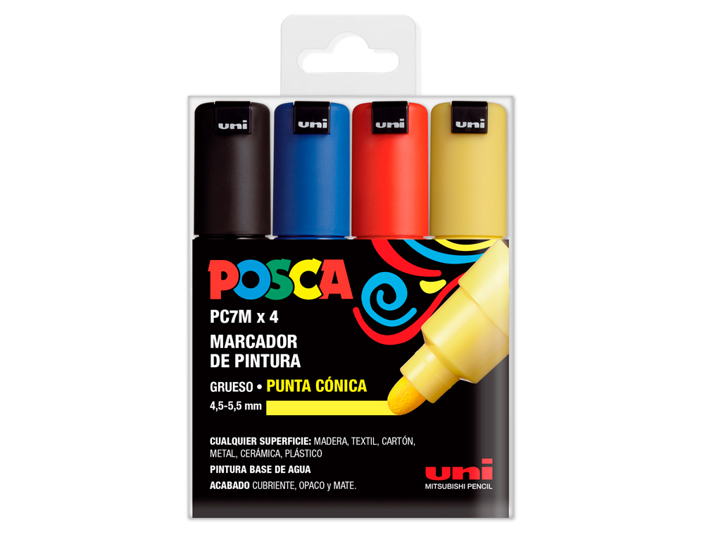 Rotulador uni posca pc-7m/4c marcador de pintura punta conica 4,5-5,5 mm estuche de 4 unidades colores basicos