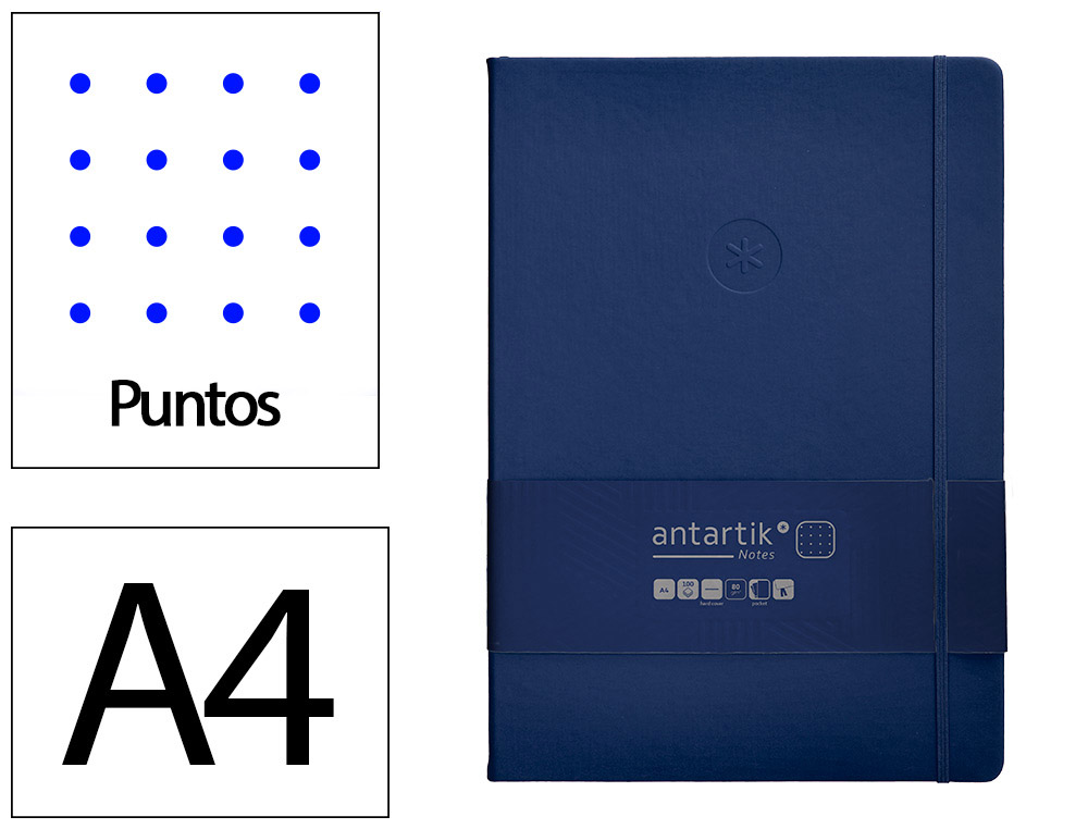 Cuaderno con gomilla antartik notes tapa dura a4 hojas puntos azul marino 100 hojas 80 gr fsc