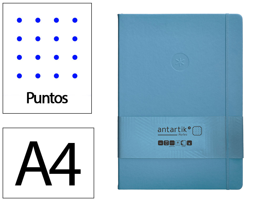 Cuaderno con gomilla antartik notes tapa dura a4 hojas puntos azul claro 100 hojas 80 gr fsc