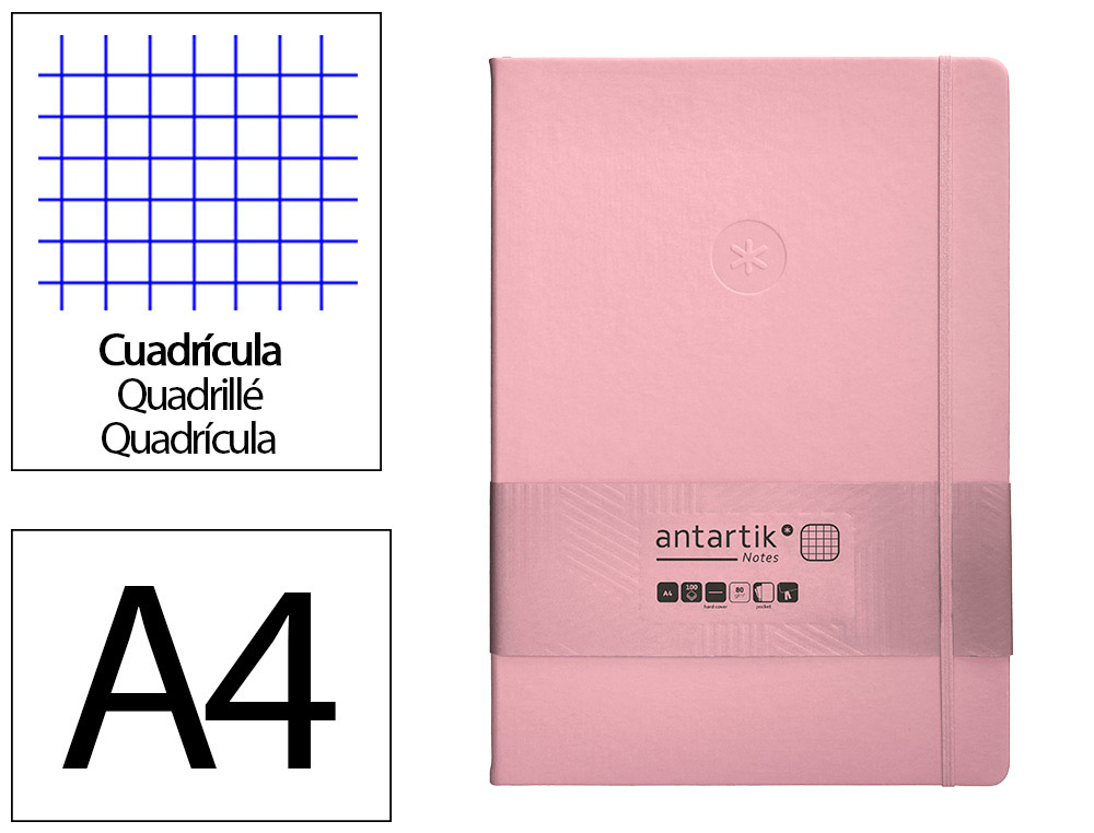 Cuaderno con gomilla antartik notes tapa dura a4 hojas cuadricula rosa pastel 100 hojas 80 gr fsc