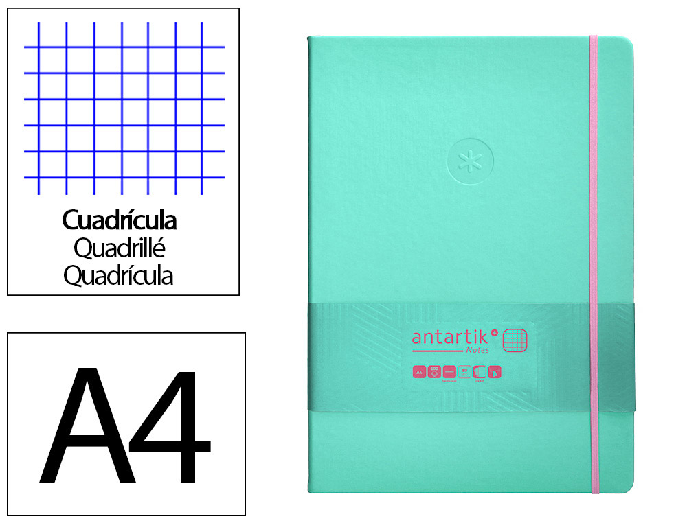 Cuaderno con gomilla antartik notes tapa dura a4 hojas cuadricula rosa y turquesa 100 hojas 80 gr fsc
