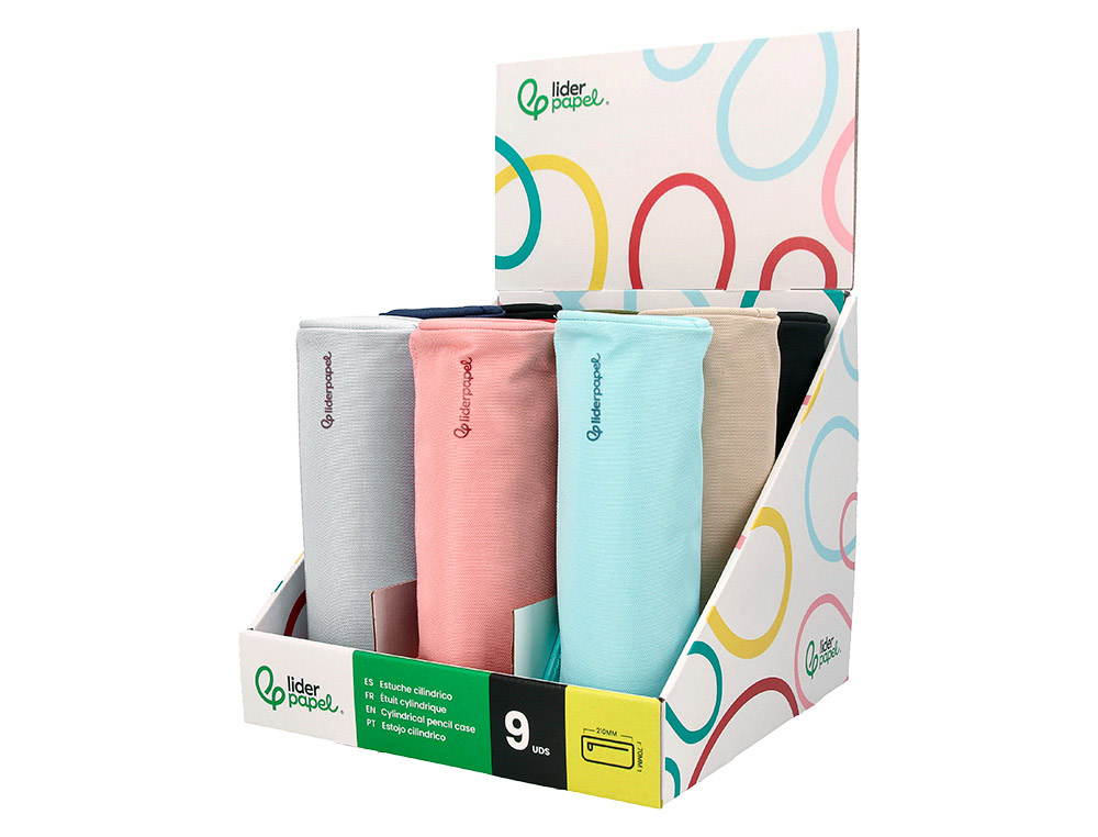 Estuche portatodo liderpapel classic cilindrico ancho 210x70 mm expositor de 9 unidades colores surtidos