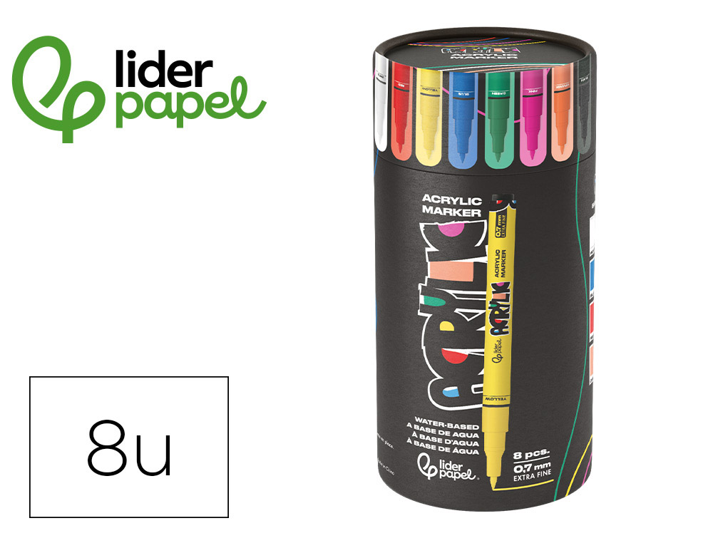 Rotulador liderpapel acrylic base agua todo tipo de superficie punta fina 0,7 mm caja de 8 unidades colores surtidos