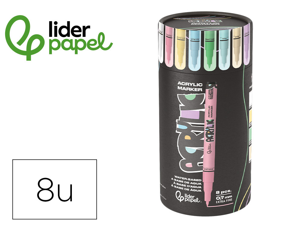 Rotulador liderpapel acrylic base agua todo tipo de superficie punta fina 0,7 mm caja de 8 unidades colores pasteles