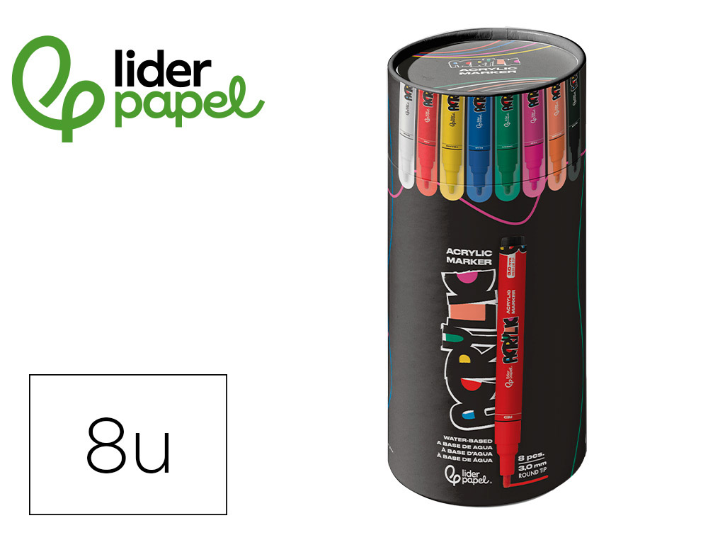 Rotulador liderpapel acrylic base agua todo tipo de superficie punta redonda 3mm caja de 8 unidades colores intensos