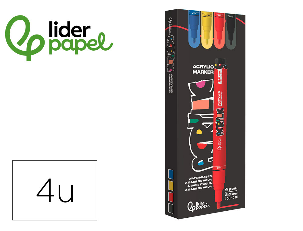 Rotulador liderpapel acrylic base agua todo tipo de superficie punta redonda 3 mm caja de 4 unidades colores basicos