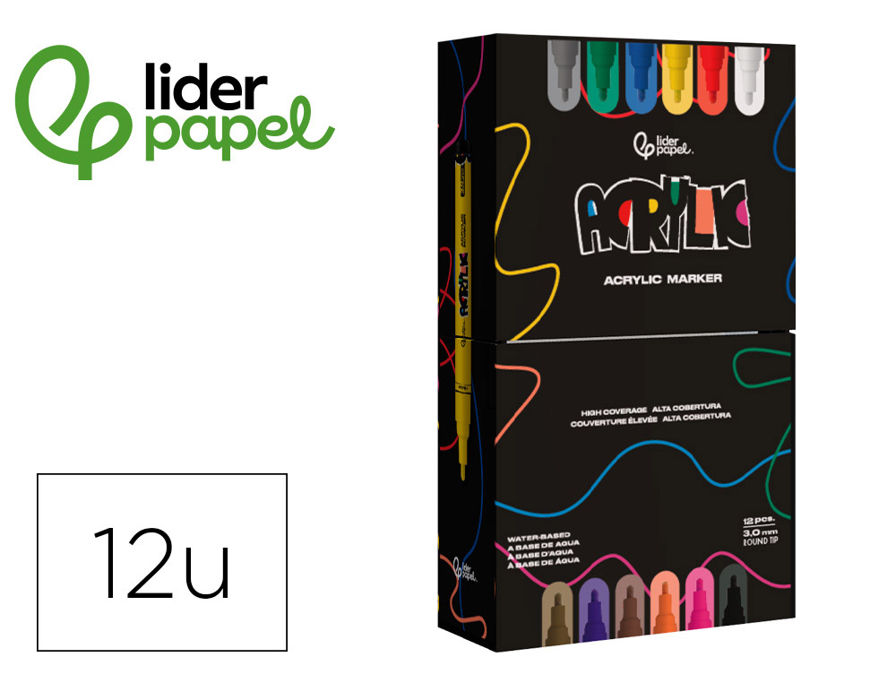 Rotulador liderpapel acrylic base agua todo tipo de superficie punta redonda 3 mm caja de 12 unidades colores surtidos