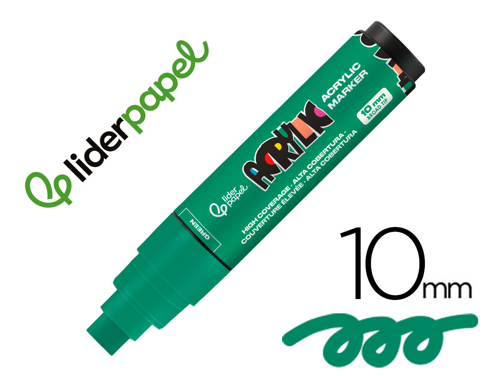 Rotulador liderpapel acrylic base agua todo tipo de superficie punta rectangular 10 mm verde