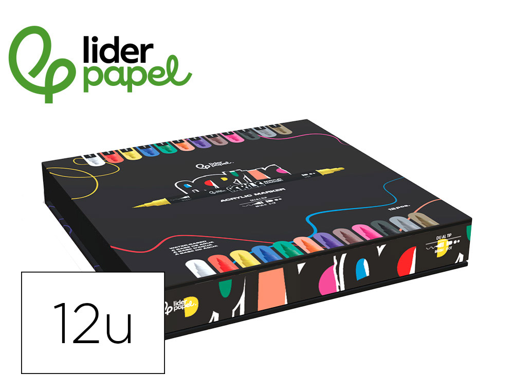 Rotulador liderpapel acrylic base agua todo tipo de superficie doble punta pincel y dot caja de 12 unidades surtidas