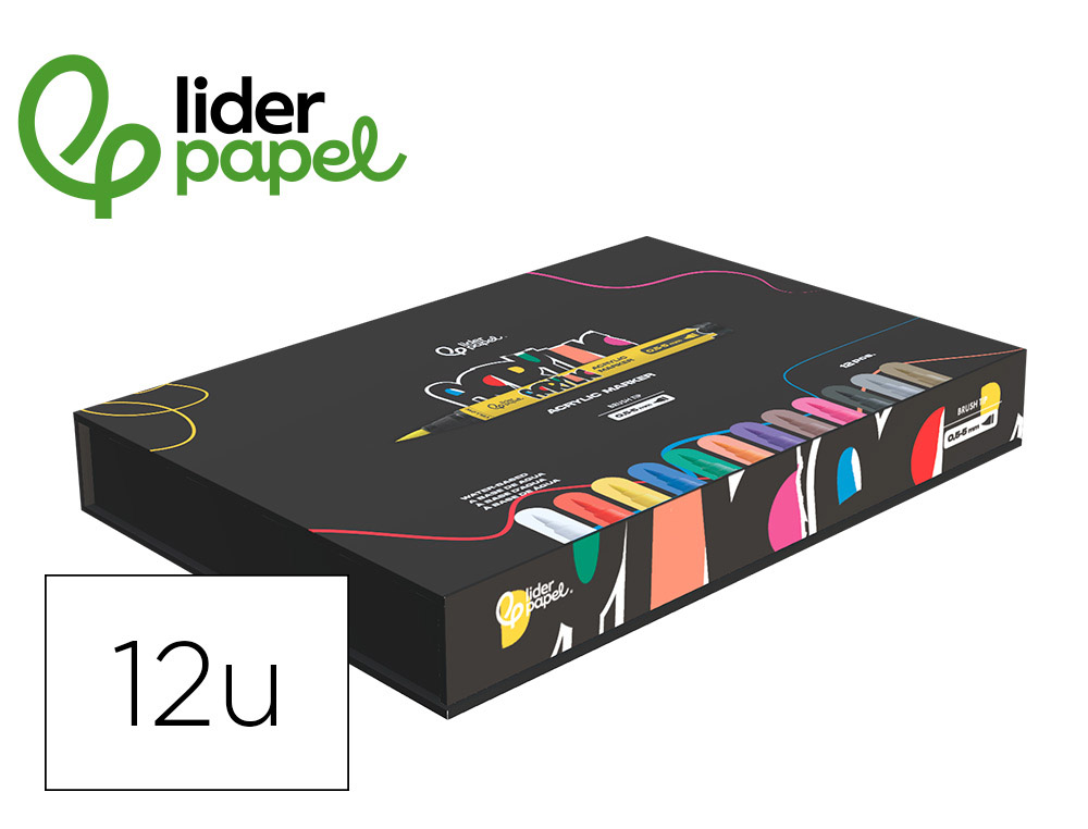 Rotulador liderpapel acrylic base agua todo tipo de superficie punta pincel caja de 12 unidades colores surtidos
