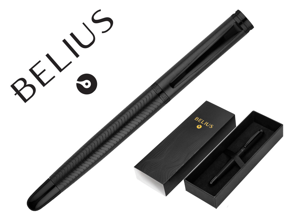 Boligrafo belius neptuno aluminio textura wavy color negro tinta azul caja de diseño
