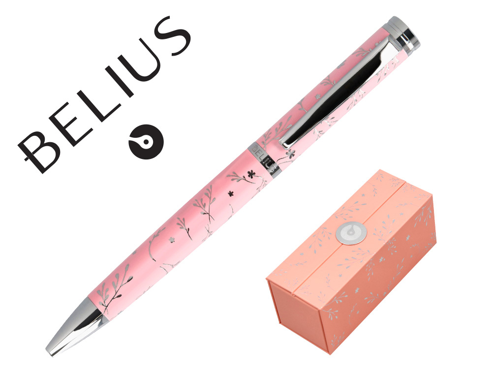 Boligrafo belius bella aluminio color rosa diseño plateado relieve tinta azul caja de diseño