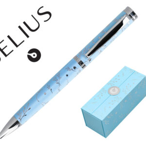 Boligrafo belius bella aluminio color azul celeste diseño plateado relieve tinta azul caja de diseño