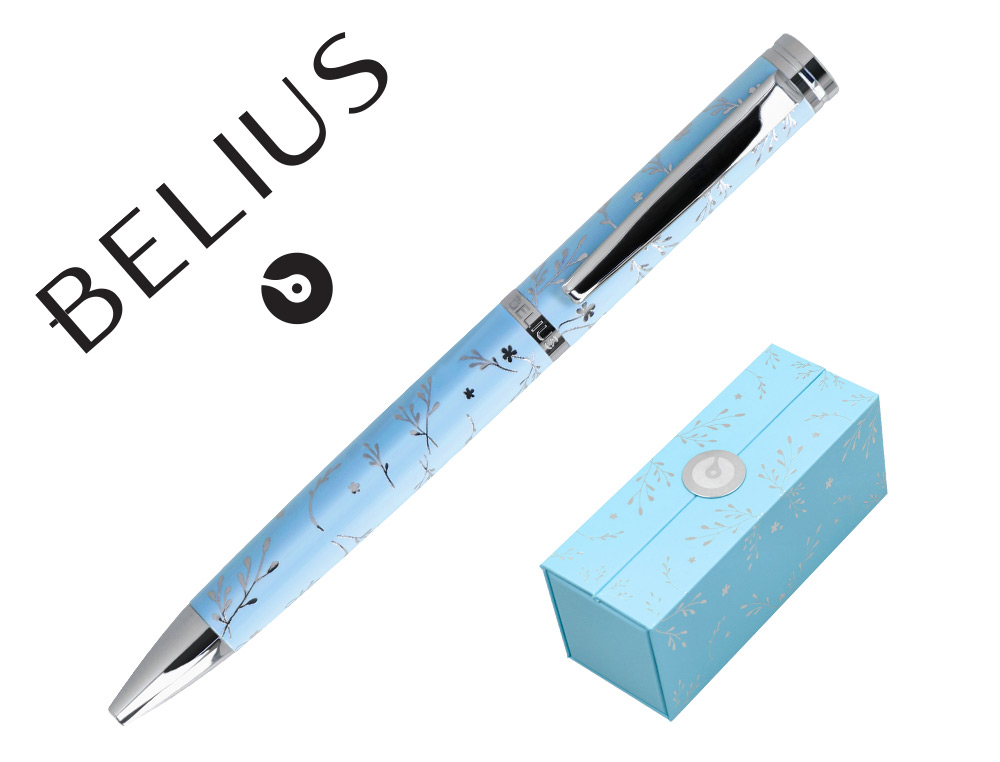 Boligrafo belius bella aluminio color azul celeste diseño plateado relieve tinta azul caja de diseño
