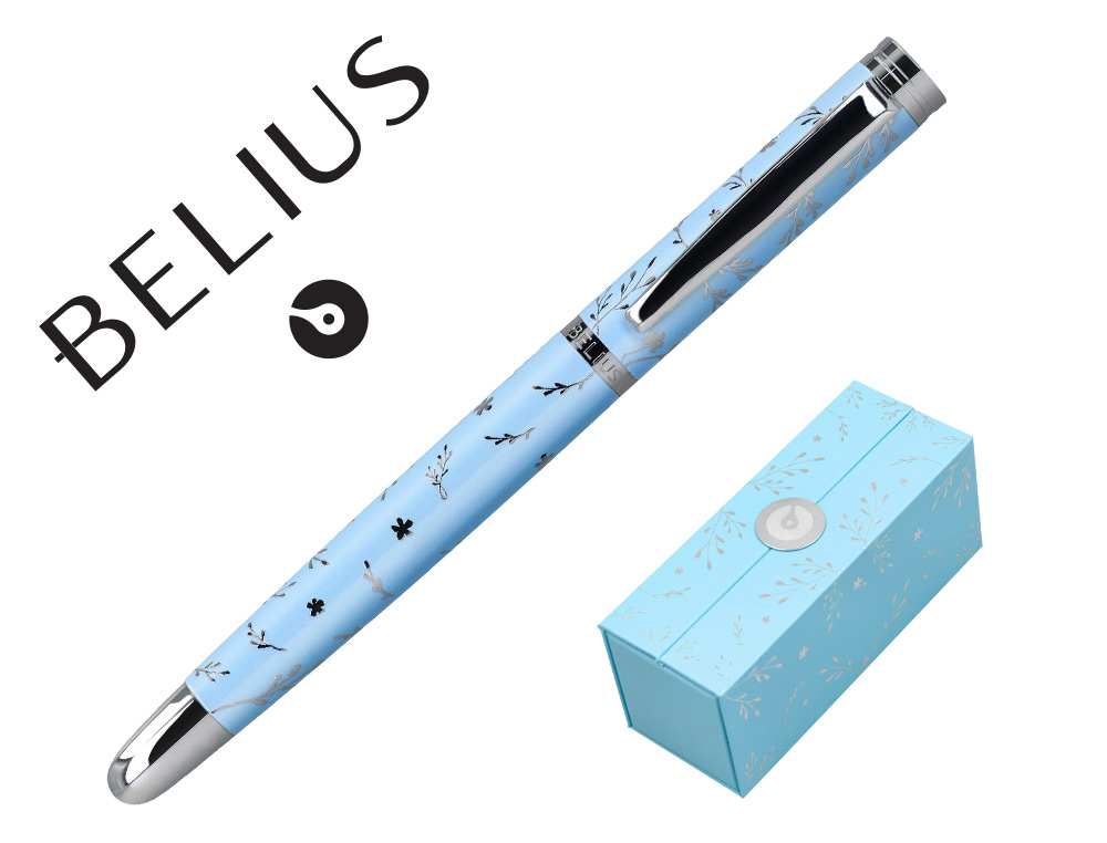 Pluma belius bella aluminio color azul celeste diseño plateado relieve tinta azul caja de diseño