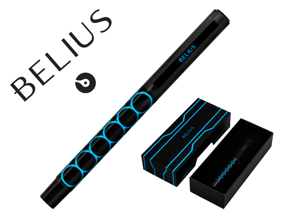 Boligrafo belius legacy aluminio diseño circulos azul cuerpo negro tinta color azul caja de diseño