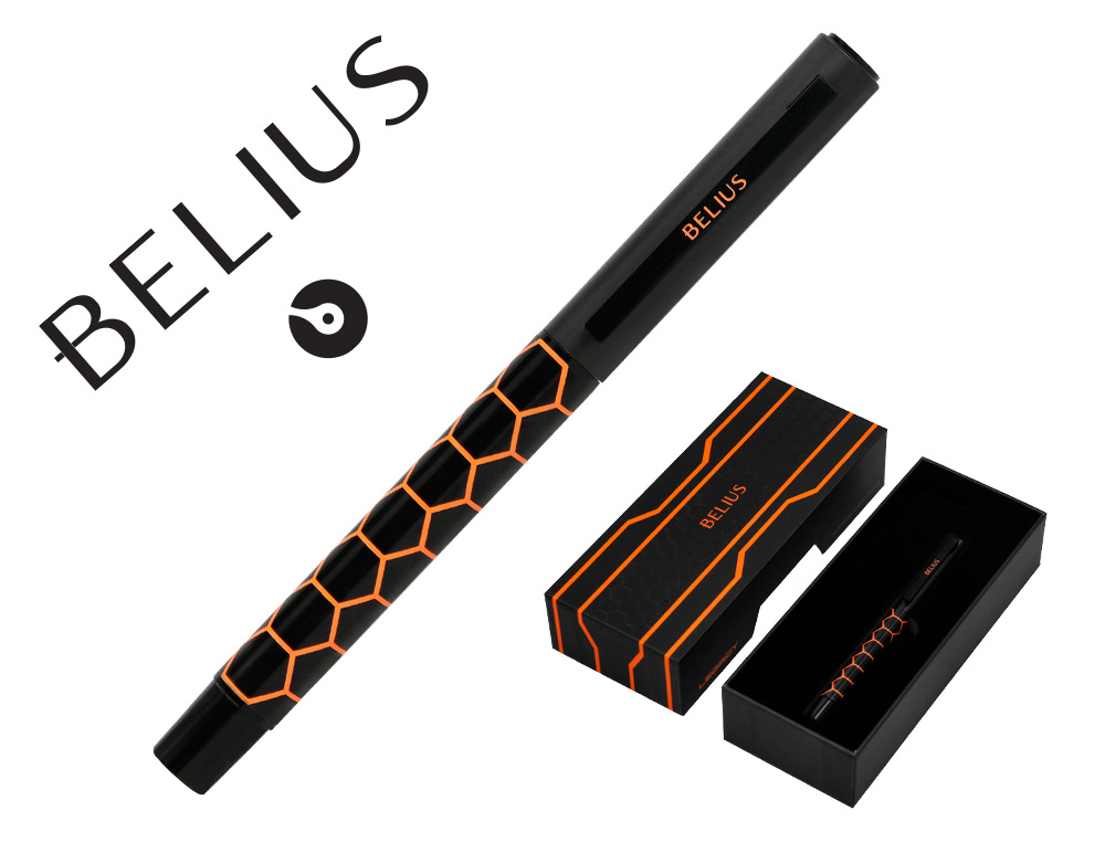 Boligrafo belius legacy aluminio diseño hexagono naranja cuerpo negro tinta color azul caja de diseño
