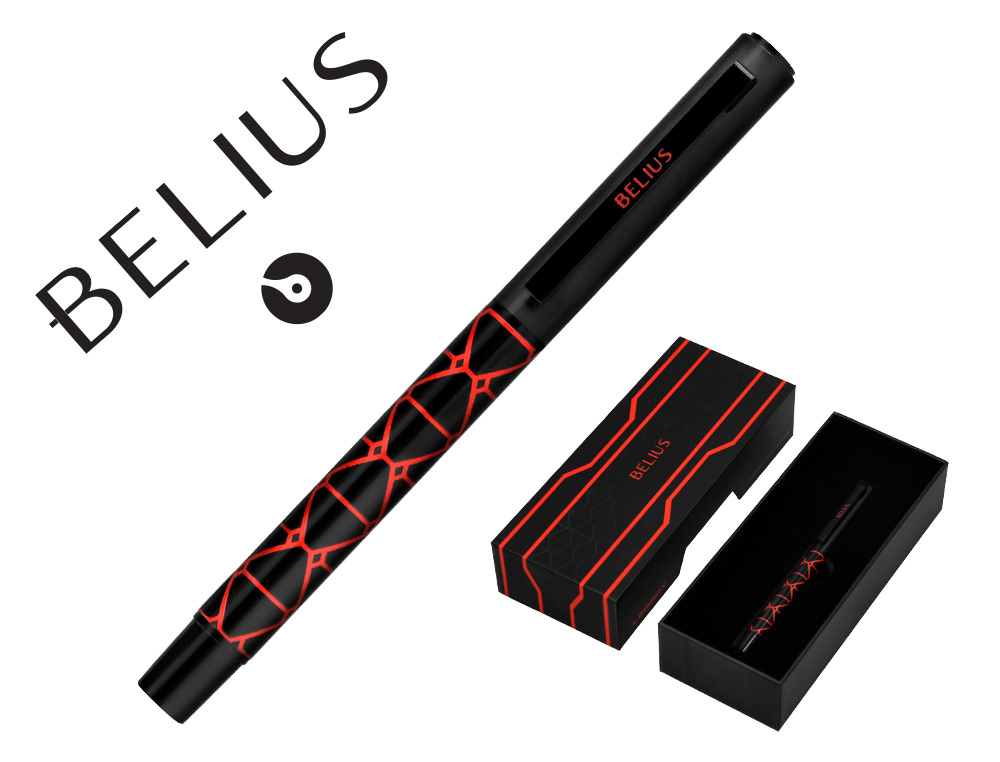 Boligrafo belius legacy aluminio diseño triangulo rojo cuerpo negro tinta color azul caja de diseño
