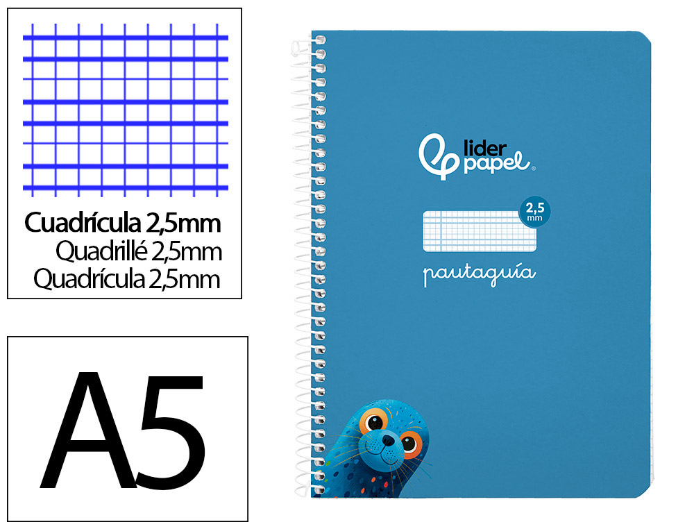Cuaderno espiral liderpapel a5 pautaguia tapa blanda 40h 75gr cuadro pautado 2,5mm color azul
