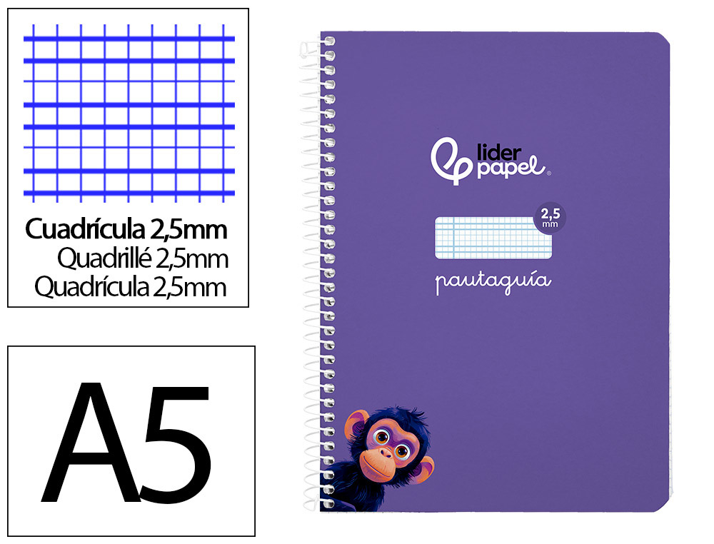 Cuaderno espiral liderpapel a5 pautaguia tapa blanda 40h 75gr cuadro pautado 2,5mm color lila