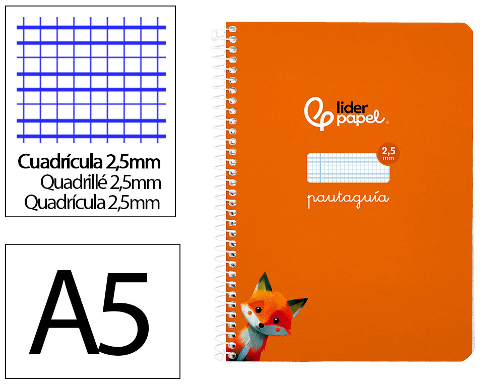 Cuaderno espiral liderpapel a5 pautaguia tapa blanda 40h 75gr cuadro pautado 2,5mm color naranja