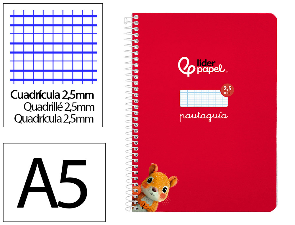 Cuaderno espiral liderpapel a5 pautaguia tapa blanda 40h 75gr cuadro pautado 2,5mm color rojo