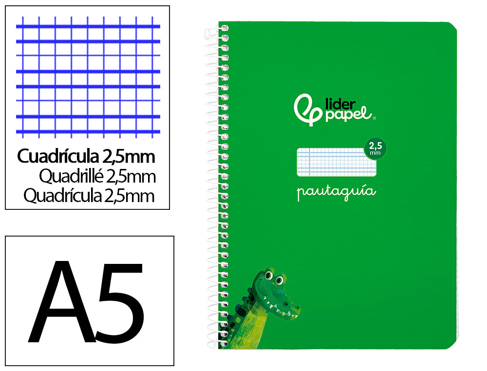 Cuaderno espiral liderpapel a5 pautaguia tapa blanda 40h 75gr cuadro pautado 2,5mm color verde