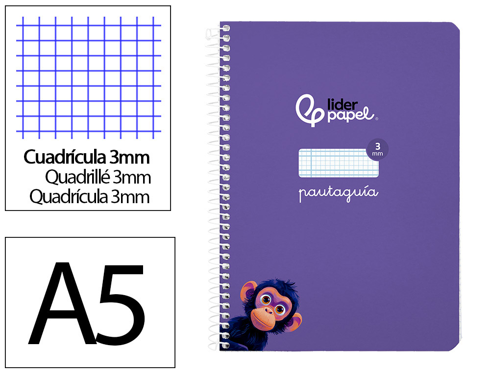 Cuaderno espiral liderpapel a5 pautaguia tapa blanda 40h 75gr cuadro pautado 3mm color lila