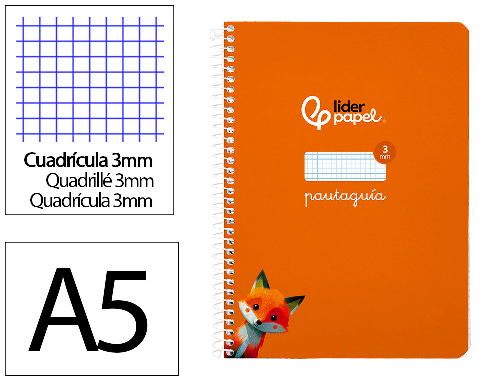 Cuaderno espiral liderpapel a5 pautaguia tapa blanda 40h 75gr cuadro pautado 3mm color naranja