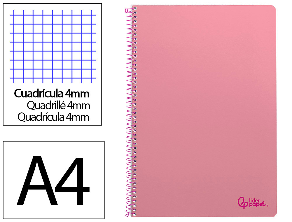Cuaderno espiral liderpapel a4 smart tapa blanda 80h 75gr cuadro 4mm con margen color rosa