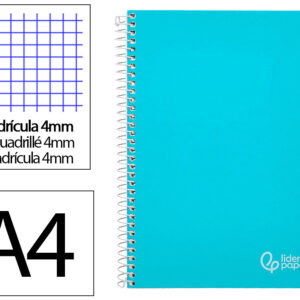 Cuaderno espiral liderpapel a4 witty tapa dura 80h 90gr cuadro 4mm con margen color celeste
