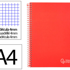 Cuaderno espiral liderpapel a4 witty tapa dura 80h 90gr cuadro 4mm con margen color rojo