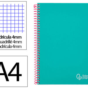 Cuaderno espiral liderpapel a4 witty tapa dura 80h 90gr cuadro 4mm con margen color turquesa