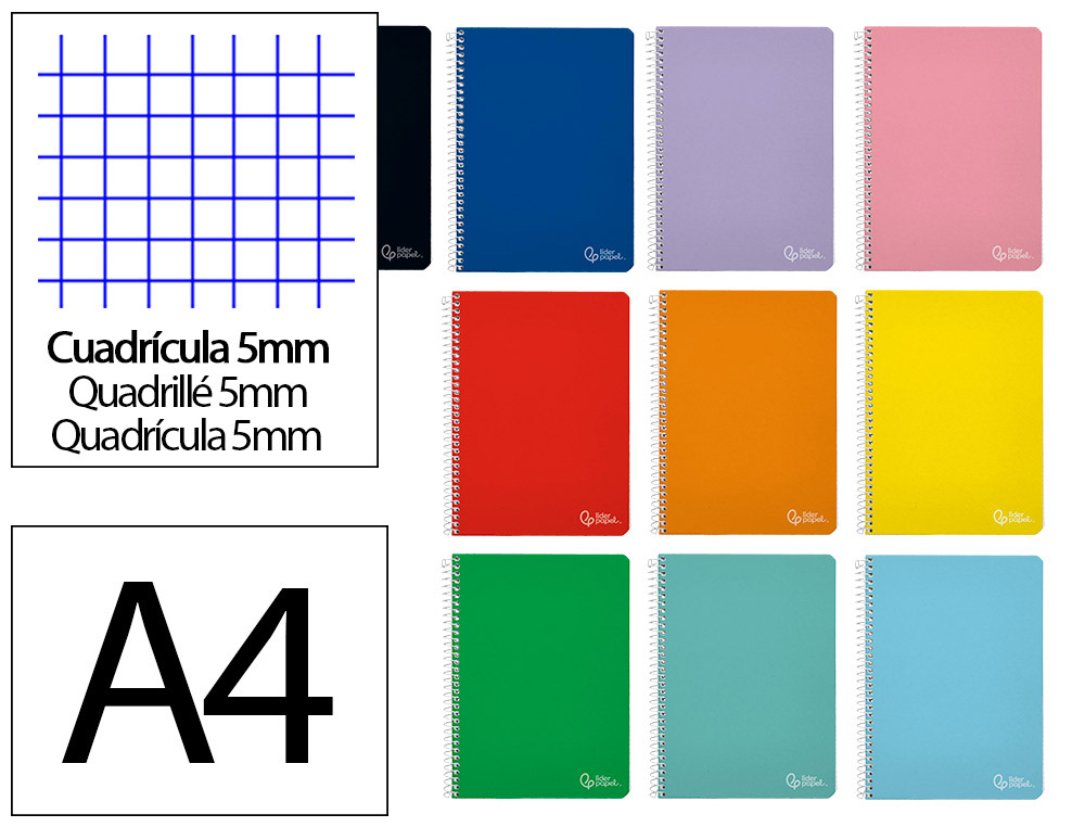Cuaderno espiral liderpapel a4 witty tapa dura 80h 90gr cuadro 5mm con margen colores surtidos