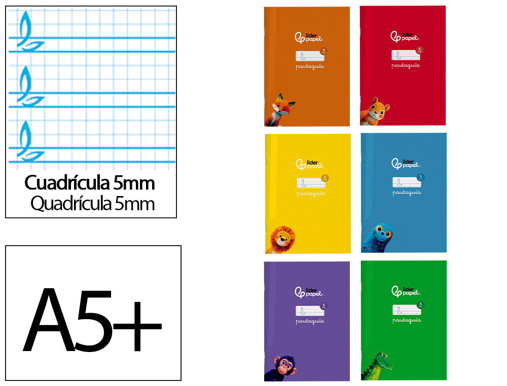 Libreta liderpapel pautaguia tapa cartoncillo 32h din a5+ 75gr cuadriculado pautado 5mm con margen 6 colores surtidos