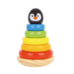 Juego infantil imaginovo madera forma de pinguino torre de formas apilables +12 meses 7 piezas 18x12x12cm