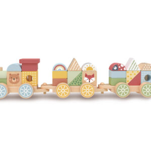 Juego infantil imaginovo madera tren figuras apilables con ruedas +18 meses 38x9,5x7,5cm