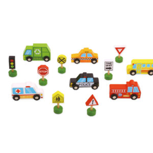 Juego infantil imaginovo madera vehiculos y señales de trafico +3 años 16 piezas 30x22x4cm