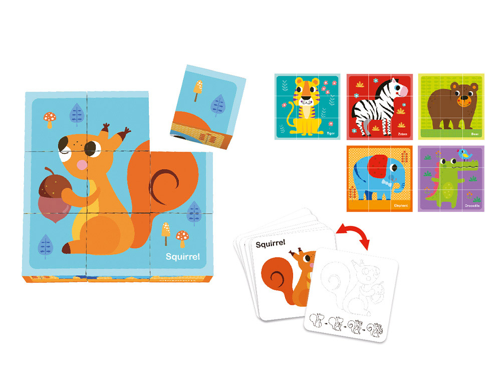 Puzle infantil imaginovo madera cubos de animales +24 meses 15 piezas incluye 12 patrones 22x22x6,4cm