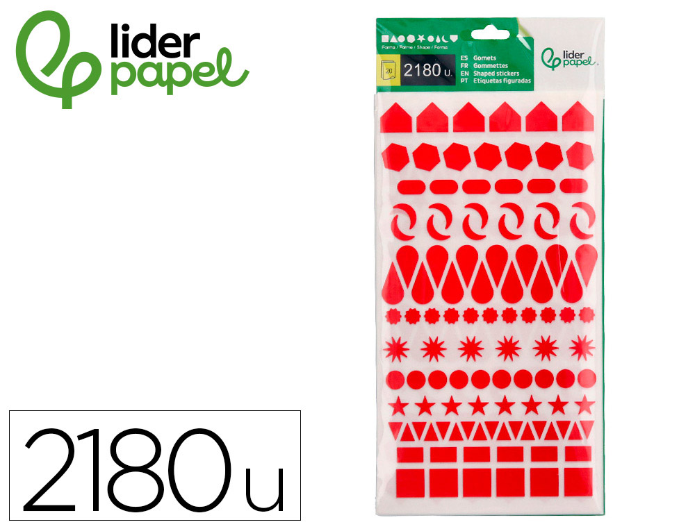Gomets liderpapel figuras surtidas bolsa de 20 hojas circulos triangulos estrellas cuadrados colores surtidos