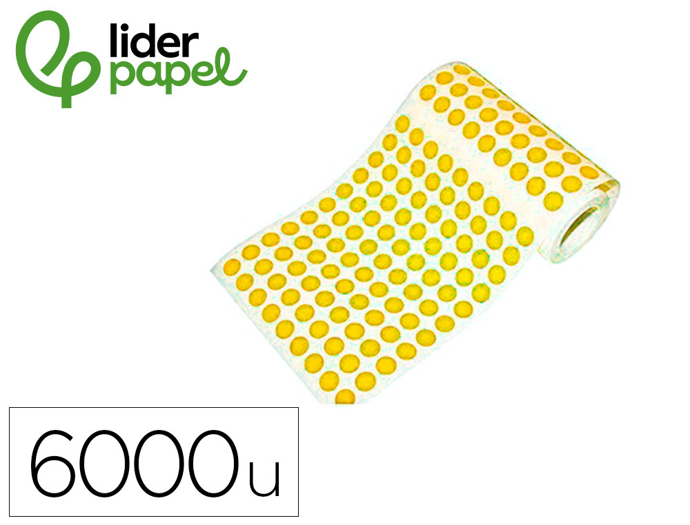 Gomets liderpapel autoadhesivo circulos 10,5 mm amarillo rollo de 6000 unidades en caja de carton