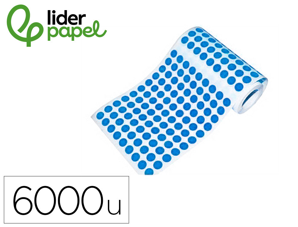 Gomets liderpapel autoadhesivo circulos 10,5 mm azul rollo de 6000 unidades en caja de carton