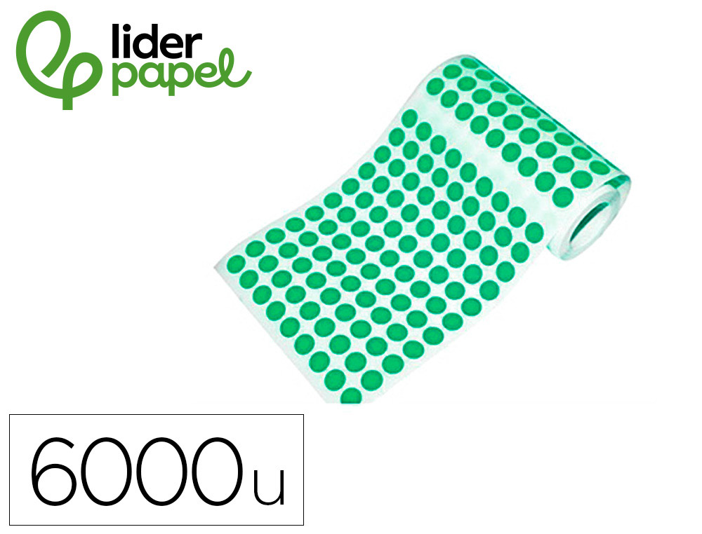 Gomets liderpapel autoadhesivo circulos 10,5 mm verde rollo de 6000 unidades en caja de carton